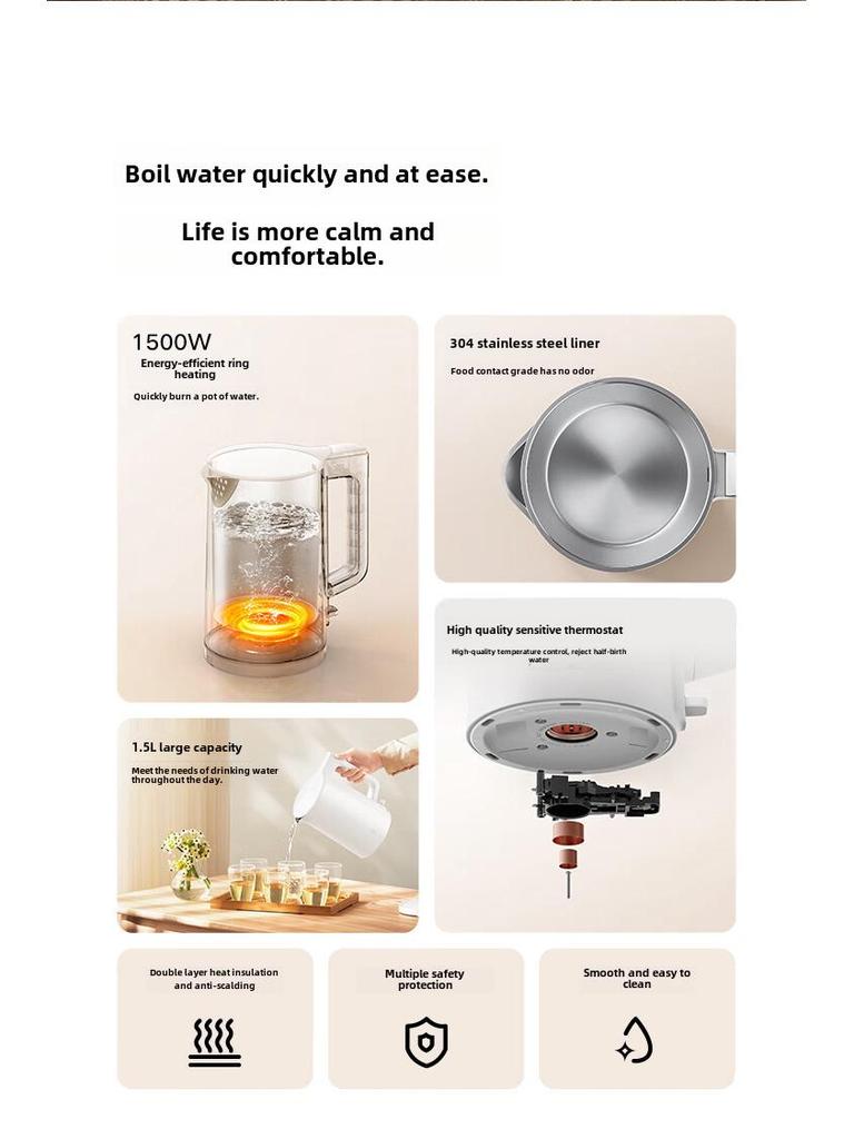 Электрический чайник Xiaomi N1 - нержавеющая сталь 304, двойной слой, изоляция против сухого горения