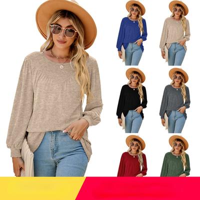 2023 Осень/зима женская свободная футболка с рукавом-фонариком и круглым вырезом, повседневный топ