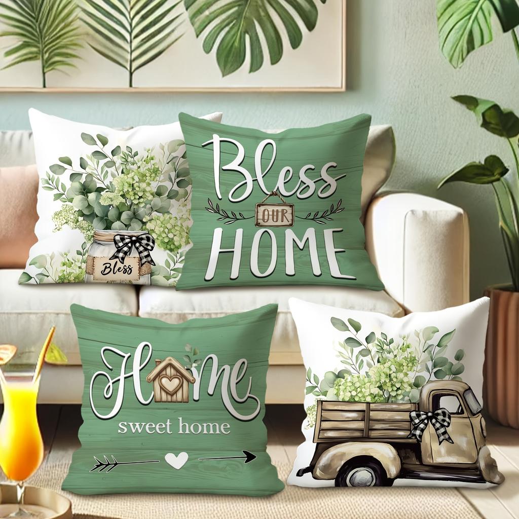 Rusty-charm Pillow Cover: Eucalyptus, Vintage Truck and Heartfelt Home-blessing Quotes, Sofa Chair Decorative Cushion Cover