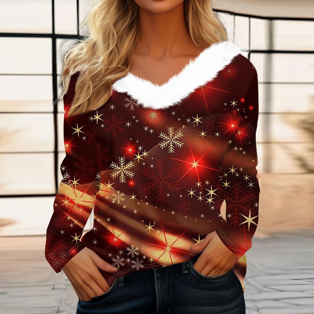 Рубашки с длинным рукавом для женщин Милые топы Рождественские принты Футболки Блузки Повседневные топы больших размеров Базовые топы Пуловеры