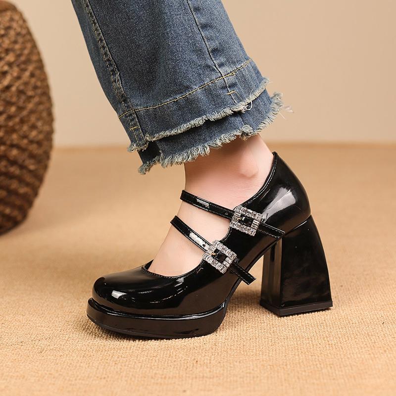 Модные блестящие туфли-лодочки с квадратной пряжкой и двойными кристаллами на блочном каблуке, женские туфли Мэри Джейн, элегантные сандалии для свадебной вечеринки на французском квадратном каблуке