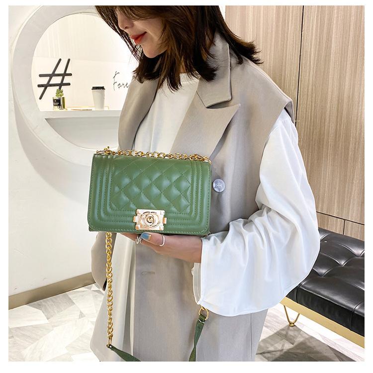 Women Solid Color Lock Buckle Lingge Square Crossbody Bag Leisure PU Chain Inclined Shoulder Bags Adjustable Band Strap