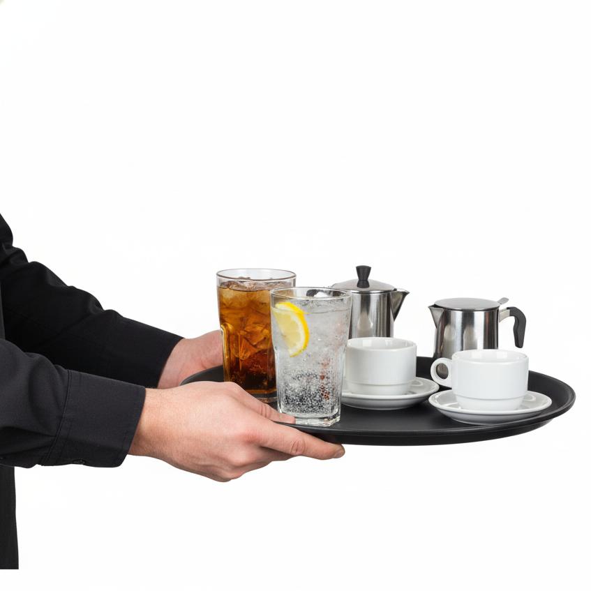 ANTI-SLIP BLACK ROUND KITCHEN SERVING TRAY 36 cm