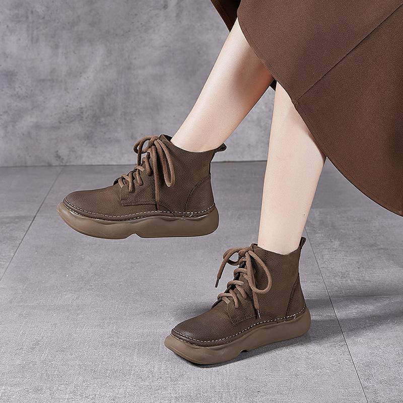 Fashion GKTINOO Genuine Leather Thick Soled Wide Toes Women's Boots Cowhide Autumn Winter Short Boots Summer Casual Female Cool Boots