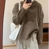 Women's Vintage Solid Twisted Knit Sweater with Hooded Loose Soft Comfortable Pullover Knit Top Casual Fashion Simple Lazy Sweater for Fall Winter