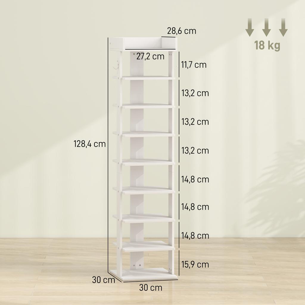9-Tier shoe rack, shoe organizer up to 9 pairs with top tray, 2 hooks, 30x30x128.4cm, white