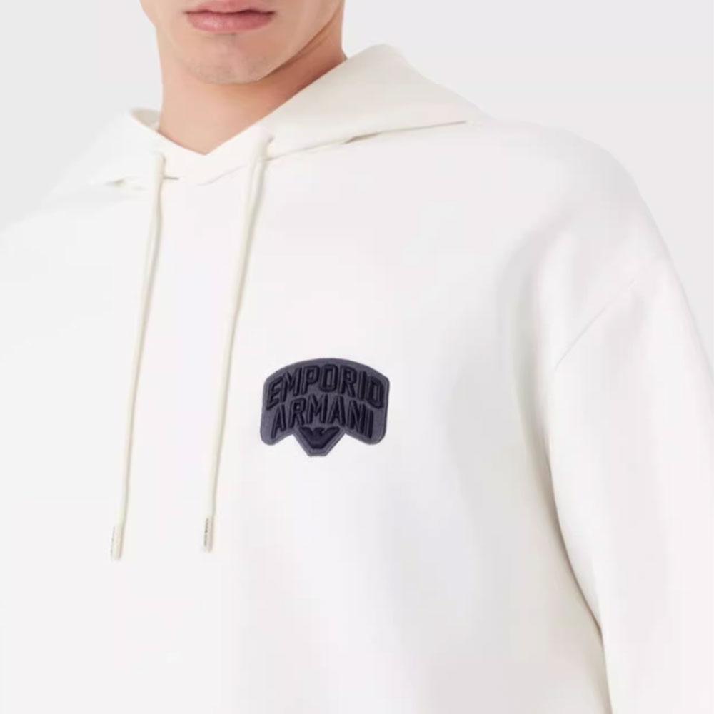 Emporio Armani Свитшот мужской с вышивкой и завязками, однотонный, с пониженной линией плеча, SS23, Белый, 3R1MBG-1JHSZ1-0101