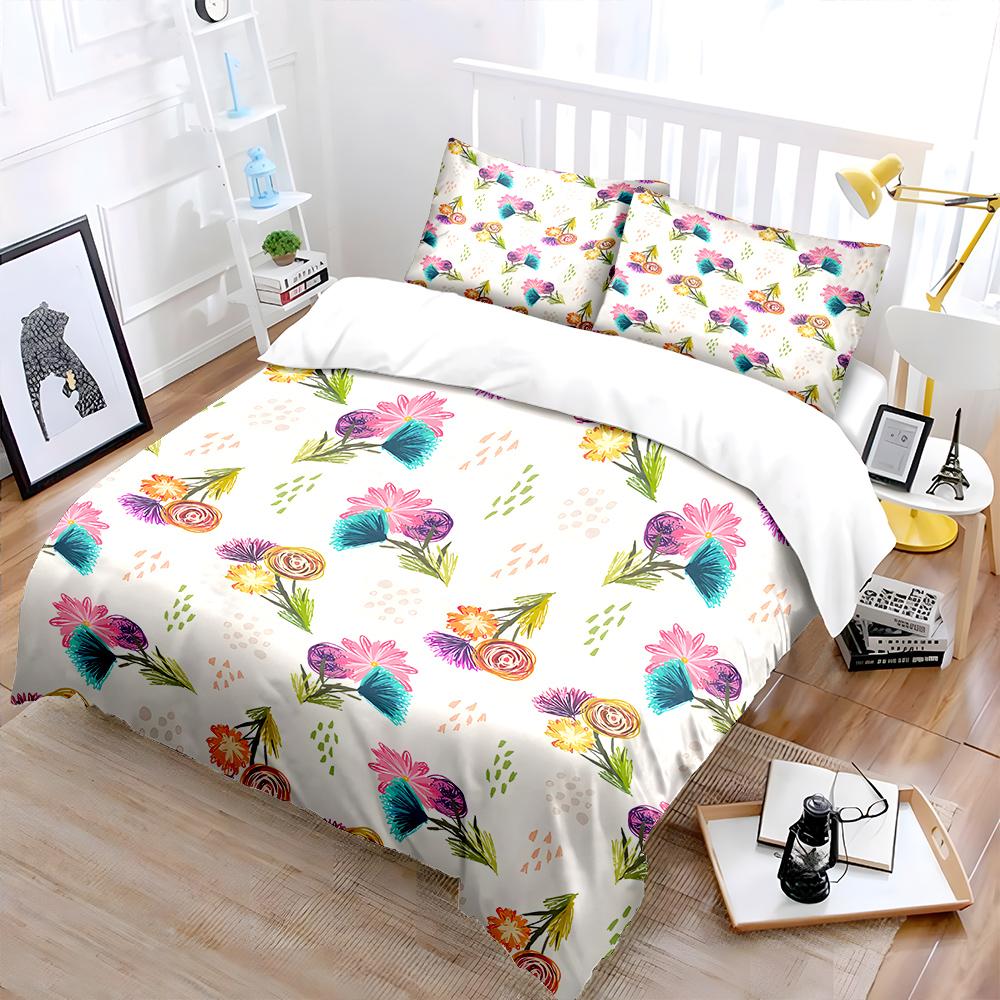 Hand-Drawn Colorful Floral Pattern Print Bedding Set 1 Duvet Cover 2 Pillowcases For Adult And Children Luxury Gift Full Size