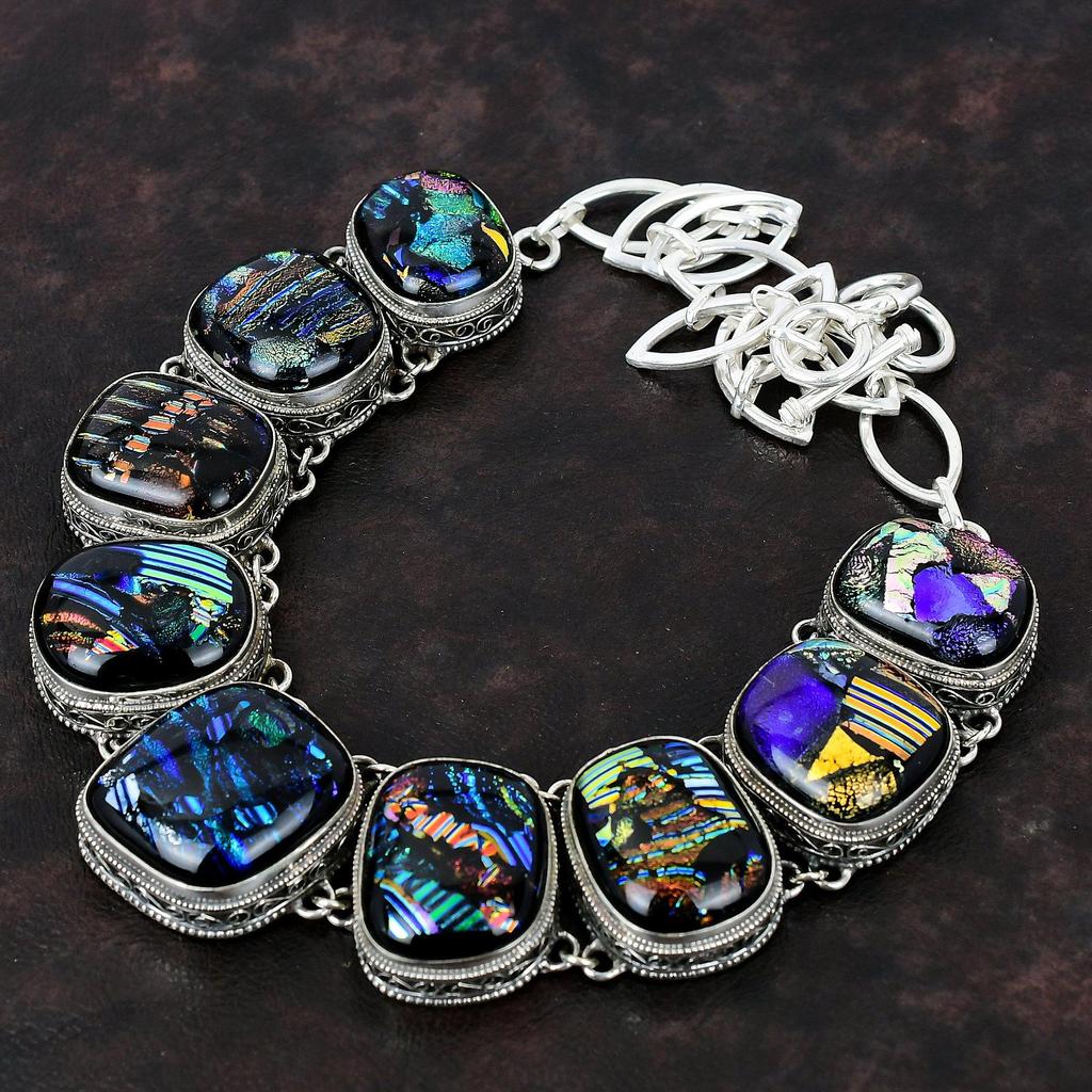 Ожерелье из американского дихроичного стекла, ожерелье ручной работы с драгоценными камнями, ожерелье из стерлингового серебра 925 пробы, регулируемое ожерелье-цепочка, винтажные украшения для подарка