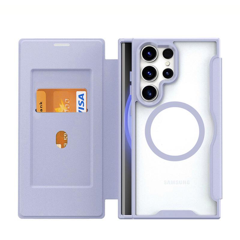 Кожаный чехол-книжка S24 Ultra для Samsung и iPhone 16 ProMax, прозрачный магнитный чехол для мобильного телефона с MagSafe