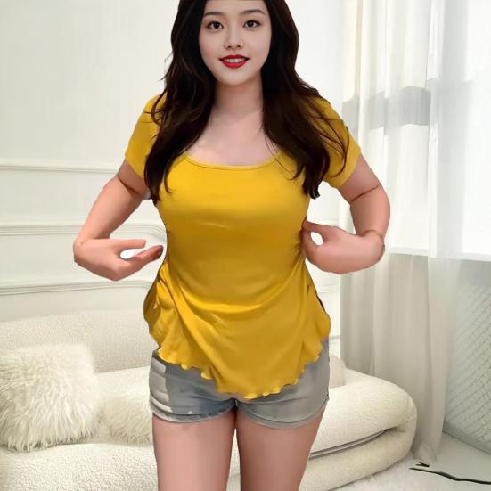 Women Tops Soft Elastic U-Neck Shirt Short Sleeve Slim Fit Blouse with Waist Pleats Solid Color Pullover Tops Daily Wear