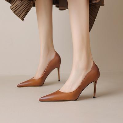 Женские туфли на шпильке, новые винно-красные туфли во французском стиле, темпераментные, коричневые, профессиональные, с низким вырезом, на высоких каблуках с острым носком