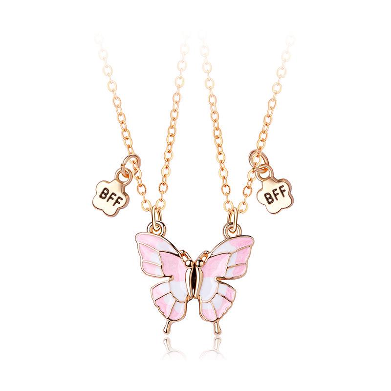 Cartoon Butterfly BFF Necklace Set with Alloy, Drip Oil, Magnet, & Stone Details – Perfect for Kids