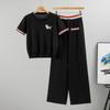 Новый летний простой комплект из двух предметов с круглым вырезом, пэчворком, вязаный с коротким рукавом, повседневный, длинные брюки