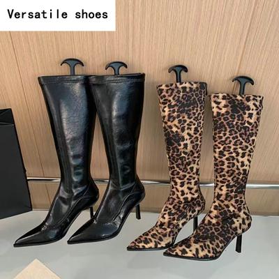 Женские ботфорты с острым носком, модные элегантные леопардовые туфли, осенне-зимние, на тонком каблуке, женские сексуальные облегающие длинные боты