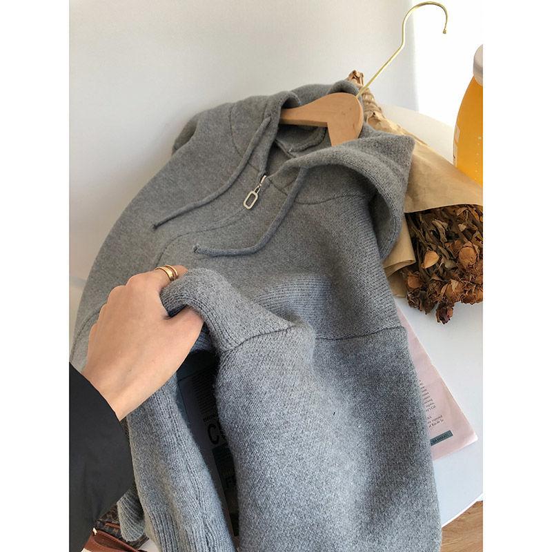 Harajuku однотонный вязаный кардиган женский корейский вариант свитер на молнии с капюшоном ленивый ветер свободные универсальные укороченные топы пальто