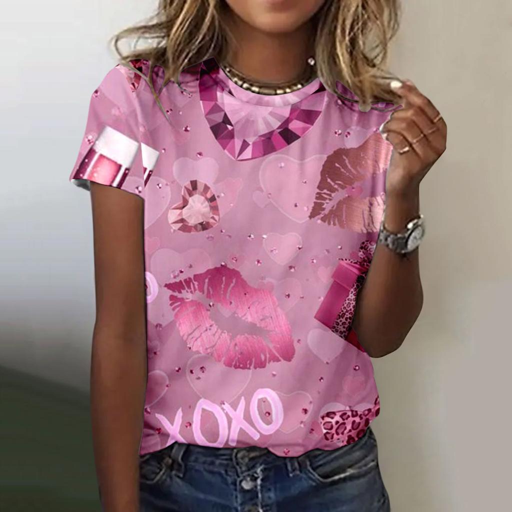 Женская футболка Летний топ с круглым вырезом 3D Красная футболка ко Дню Святого Валентина Модная футболка Универсальная женская большого размера с коротким рукавом