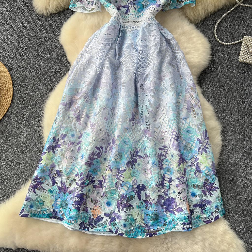 Элегантное длинное платье French Chic для женщин, вязаное крючком, ажурное кружевное, цветочное, женское платье с круглым вырезом, с коротким рукавом, Vestidos, дропшиппинг