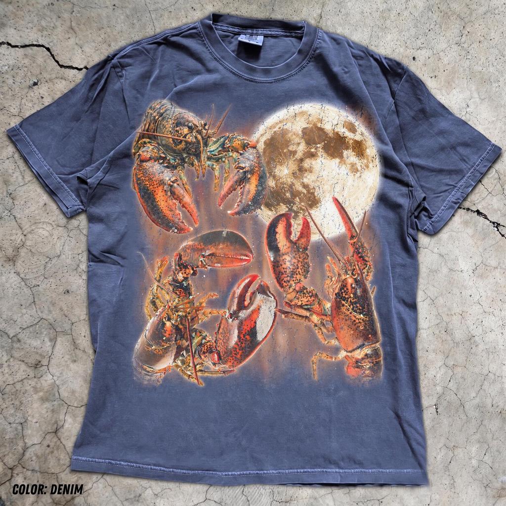 Lobster Full Moon T-Shirt, Celestial Ocean Art Tee, Dark Blue Marine Graphic Top