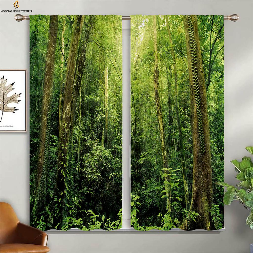 Шторы Misty Deep Forest Green Woods с 3D-печатью, подходящие для спальни, гостиной, кухни, декоративные шторы, 2 шт.