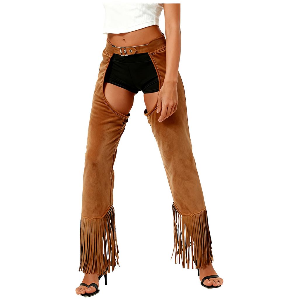 Womens Suede Cowgirl Chaps Fringe Split Open Crotch Adjustable Buckles Pants Vintage Costume