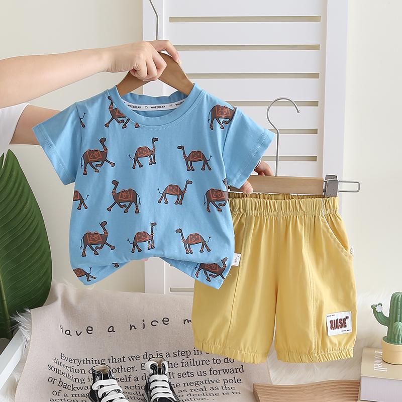Boys' 2-Piece Cotton Set - Round Neck Cartoon Pattern T-shirt+Casual Shorts- Affordable Price Baby Clothes -S-XXL