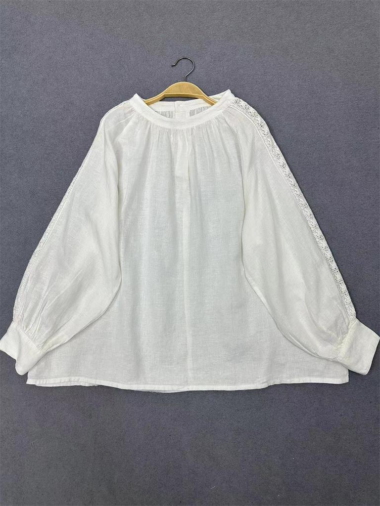 Johnature Японский винтажный круглый вырез лоскутное кружево свитер рубашка женская осень свободные винтажные повседневные рубашки