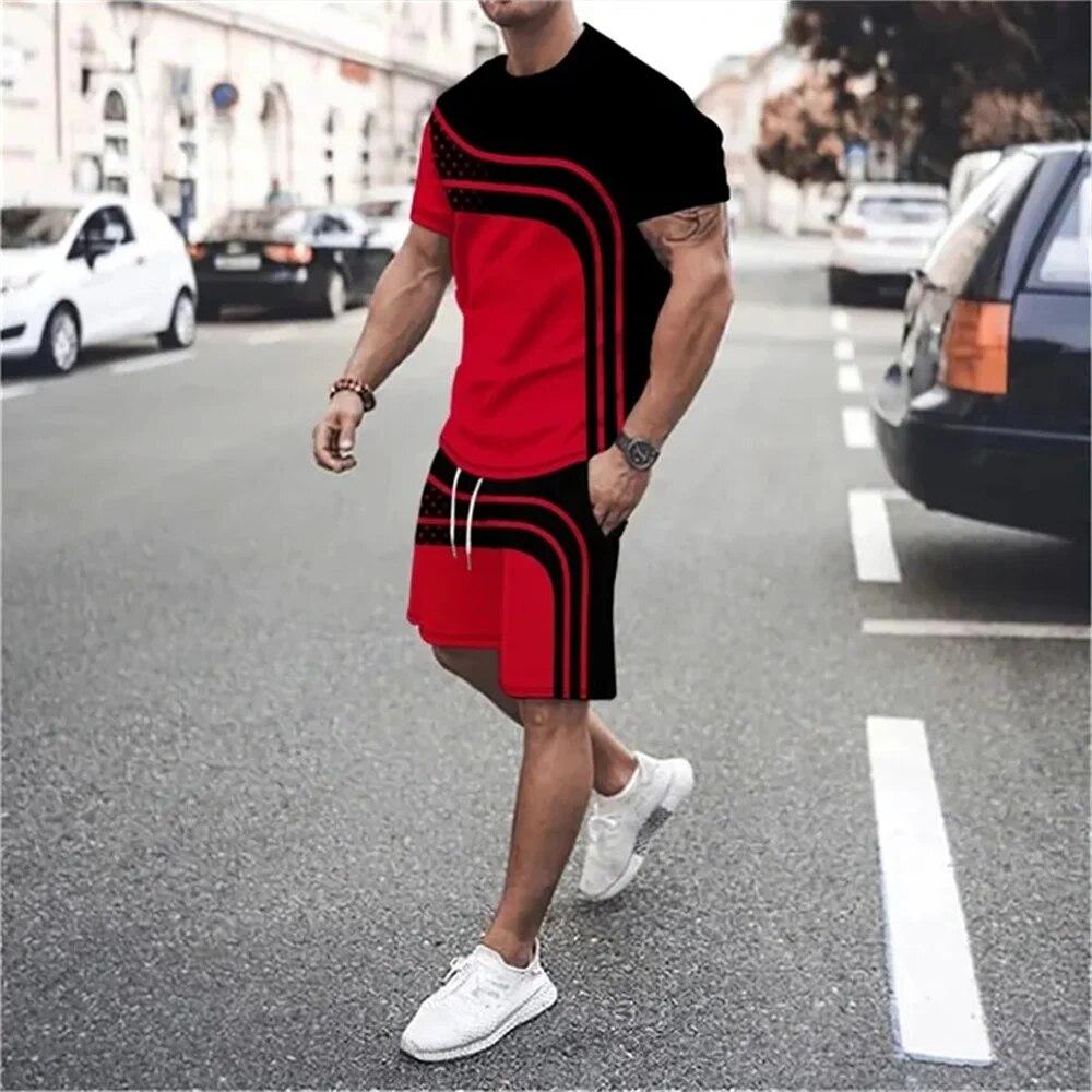 Summer New Men's Sportswear Patchwork Color Printing O-Neck T-Shirt 2-Piece Set Fashion Oversized Men's Tracksuits Casual Clothe