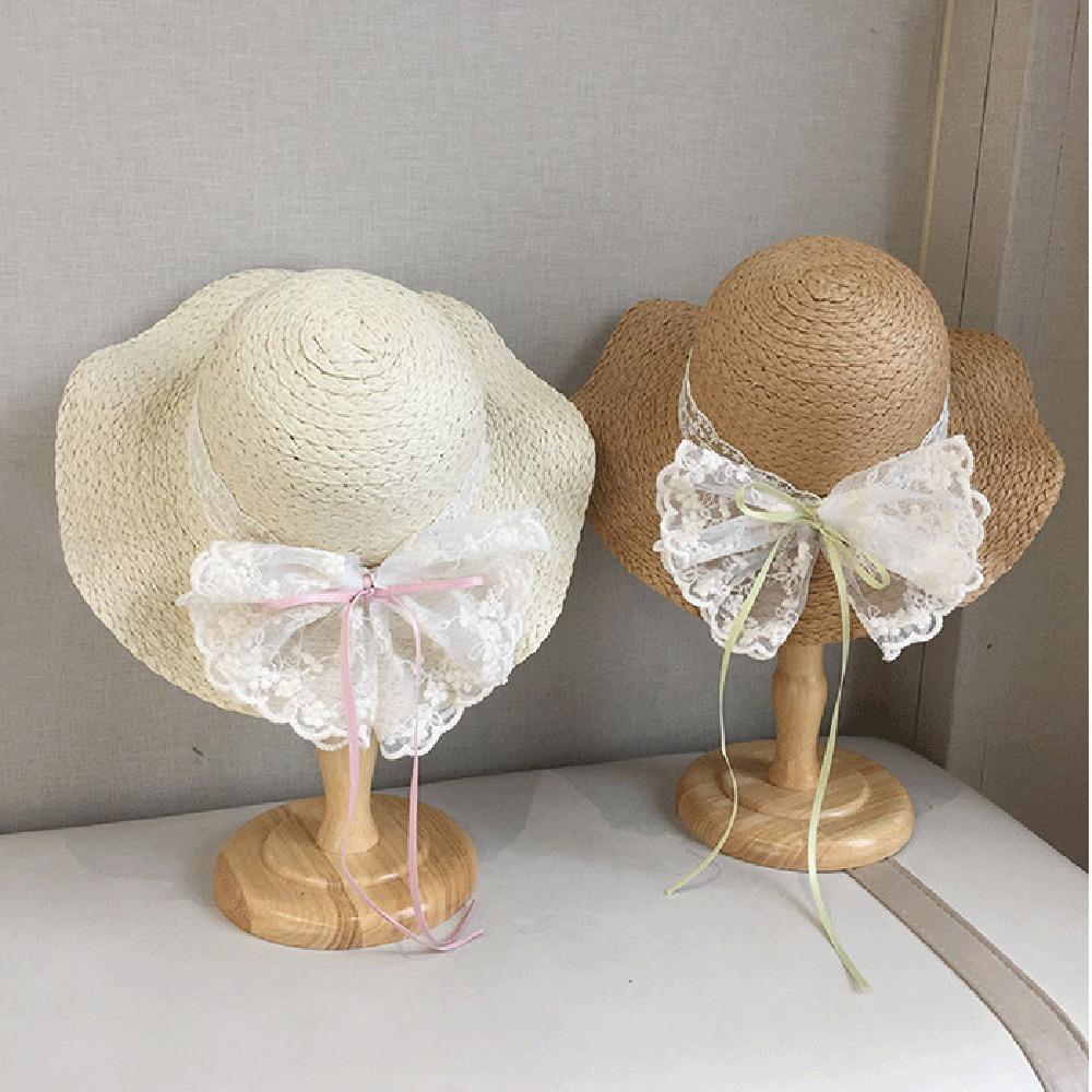 Soft Sweet Bowknot Straw Sun Hat Ribbon Lace Brim Girls Bucket Hat Korean Style Breathable Woven Handbag Girls