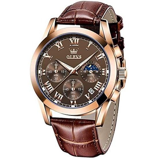 OLEVS Mens Watch Lightweight Wristwatch Waterproof Men - Analog Quartz Brown Gentlemen Date Day Chronograph