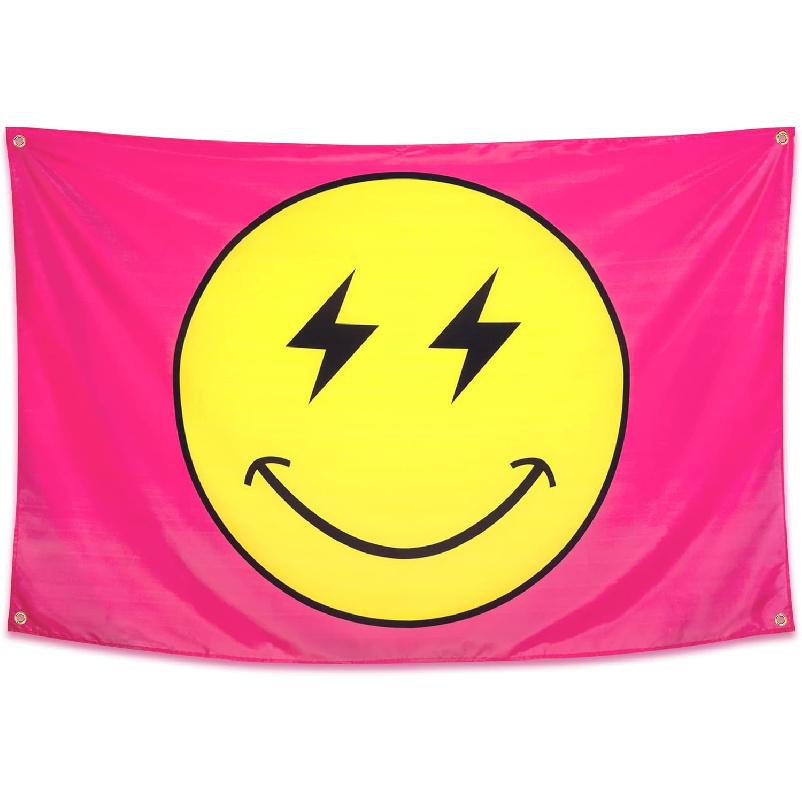 Preppy Tapestry Pink Smile Face Flag 60'' x 40'', Heavy Duty 200D Polyester Cute Smile Banner for Teen Room Girls Bedroom College Dorm Wall Hanging
