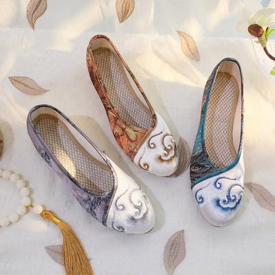 [Плывущие облака] Весна 2024 года, новые женские туфли в китайском стиле с заостренным носком в стиле ципао, танцевальные туфли в стиле ретро с принтом из старой пекинской ткани