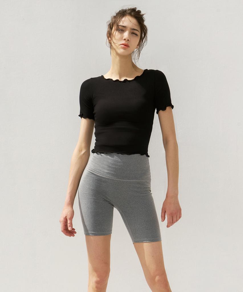 Женская одежда для йоги Debiweeo Devi-T0061-Черный Топ с коротким рукавом, волнистый, для пилатеса, облегающий