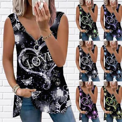 Женский топ, летний новый модный красивый повседневный топ с принтом «Любовь», без рукавов, на молнии, с v-образным вырезом, топ на бретелях