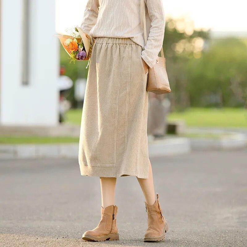 Johnature Осенне-зимняя женская модная однотонная винтажная юбка трапециевидной формы, винтажная вельветовая юбка