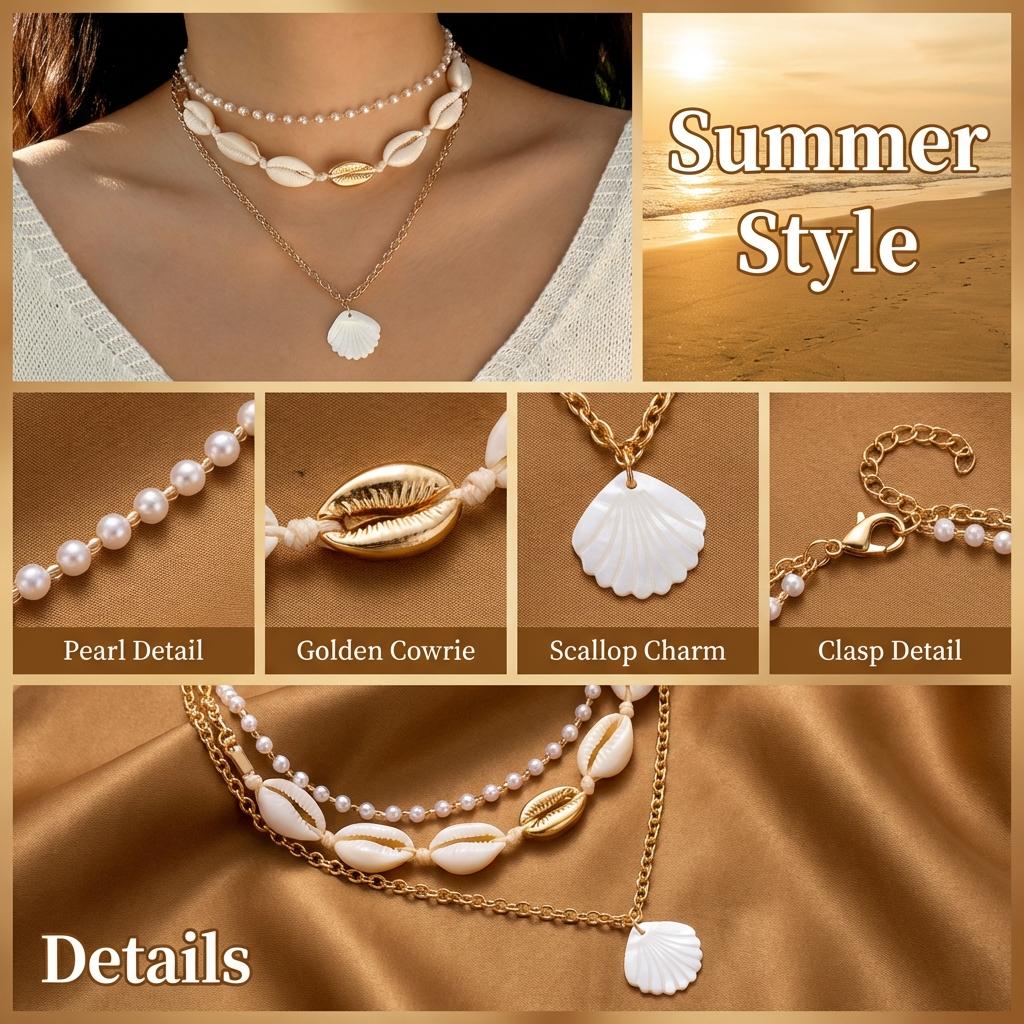 Bohemian Multi-layer Starfish Shell Pendant Necklace for Women Beach Imitation Pearl Metal Beads Choker Neck Chain Party Jewelry