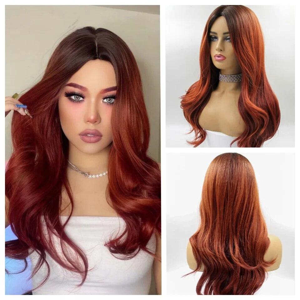 Длинные коричневые синтетические парики с эффектом омбре для женщин, волнистые парики из натуральных волос, средняя часть, женский парик, косплей, термостойкие волокна, парики