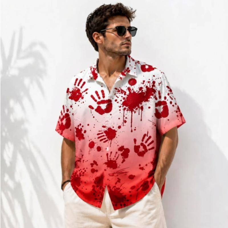 Fashion Horror Halloween Bloody Handprint Printing Shirt Hawaiian Beach Vacation Clothing Men's Street Style Shirt Daily Men's and Women's Shirt