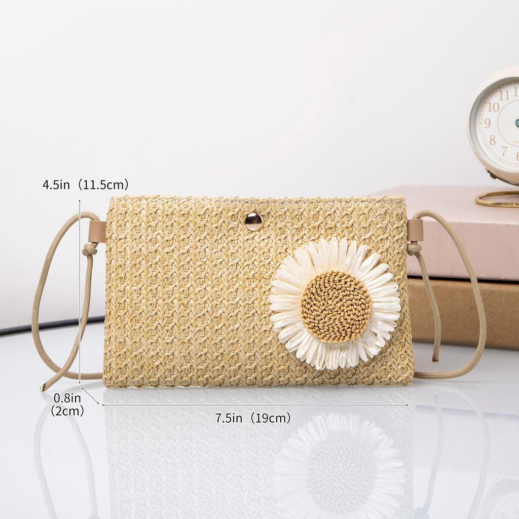 Knit Flower Summer Beach Woman Khaki Clutch Rattan Woven Women Straw Bag Adjustable Shoulder Bag Handbag CLE