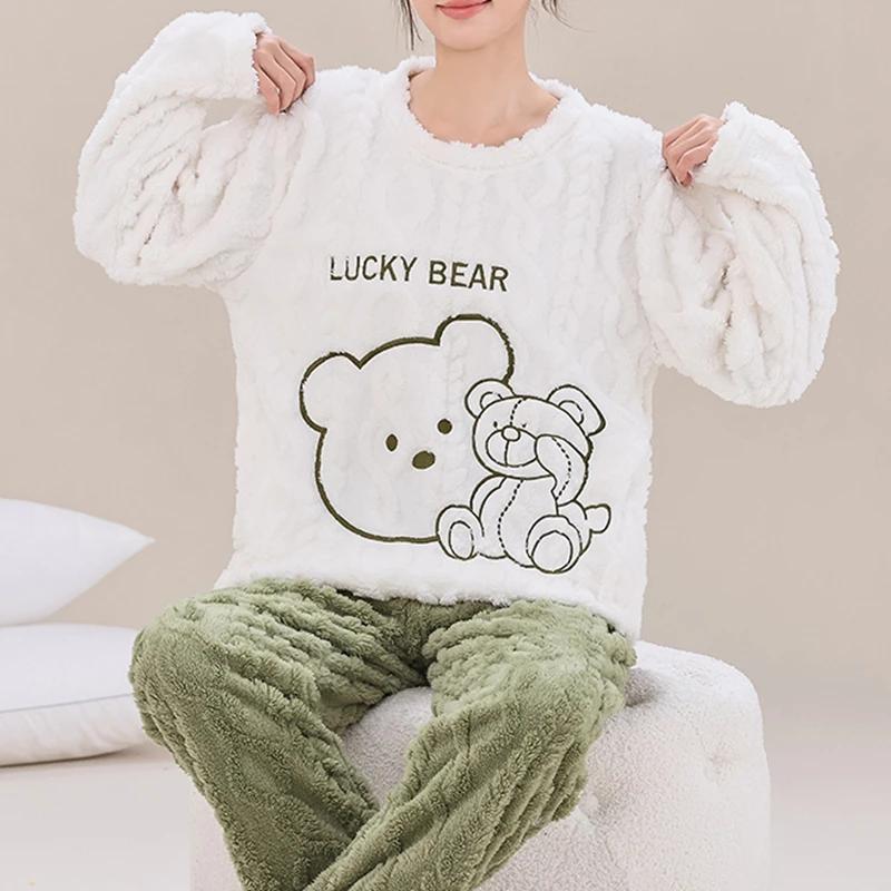 Winter Women Flannel Pajamas Polar Bear Print Teddy Sleepwear Velvet Loungewear Thick Warm Pijamas