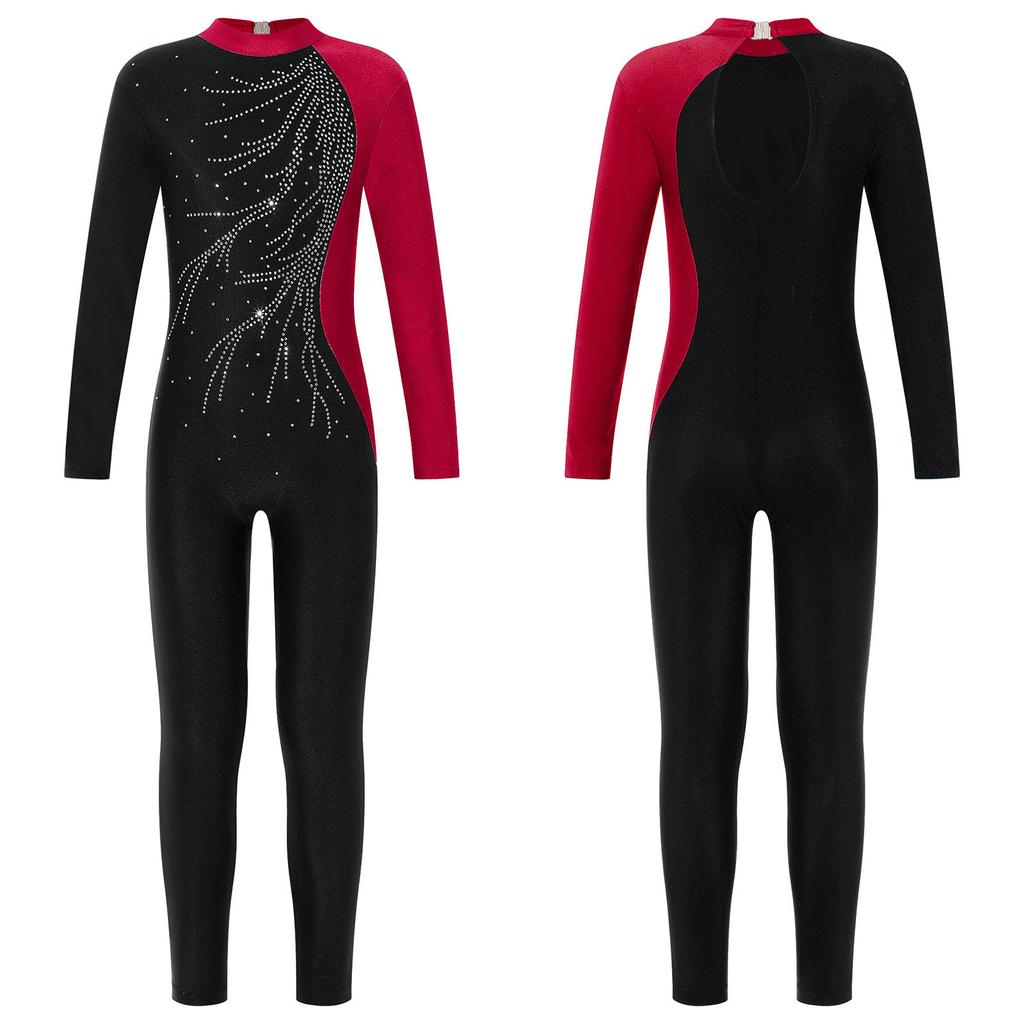 Kids Girls Long Sleeve Shiny Rhinestone Decor Dance Slim Fit Gymnastics Skating Leotard Jumpsuit