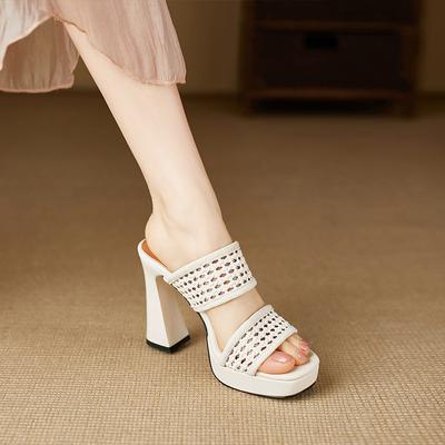 Плетеные туфли-шлепанцы с полым узором на блочном каблуке, на платформе, на высоком каблуке, полушлепанцы для улицы, лето, не утомляют ноги