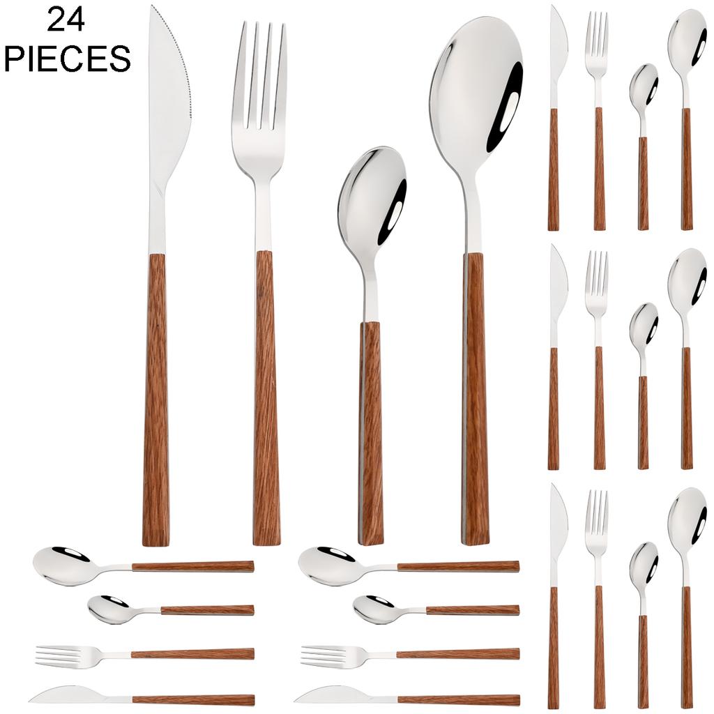 24Pcs Imitation Wooden Handle Cutlery Set Knife Dessert Fork Coffee Spoon Dinnerware Set Gold Kitchen Tableware Stainless Steel Flatware