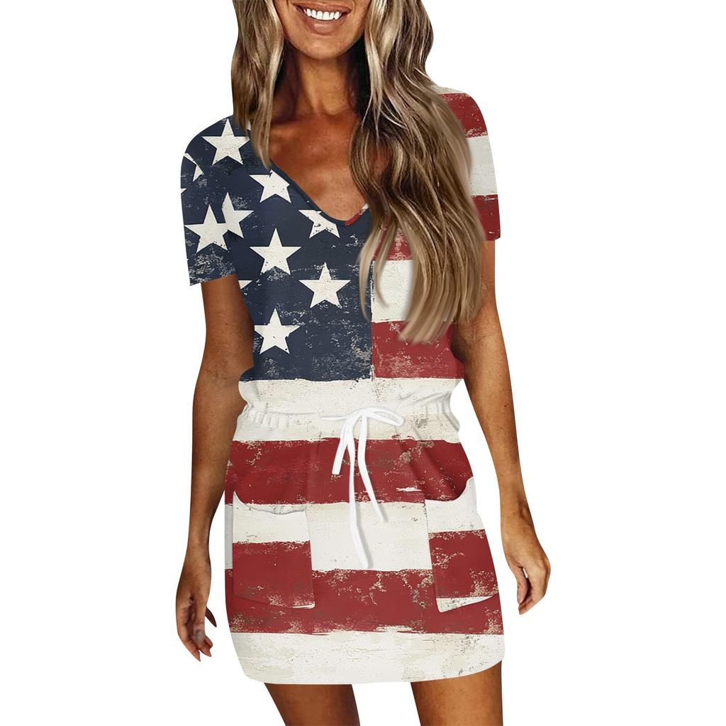 Женское летнее повседневное модное платье с короткими рукавами и кулиской на день независимости