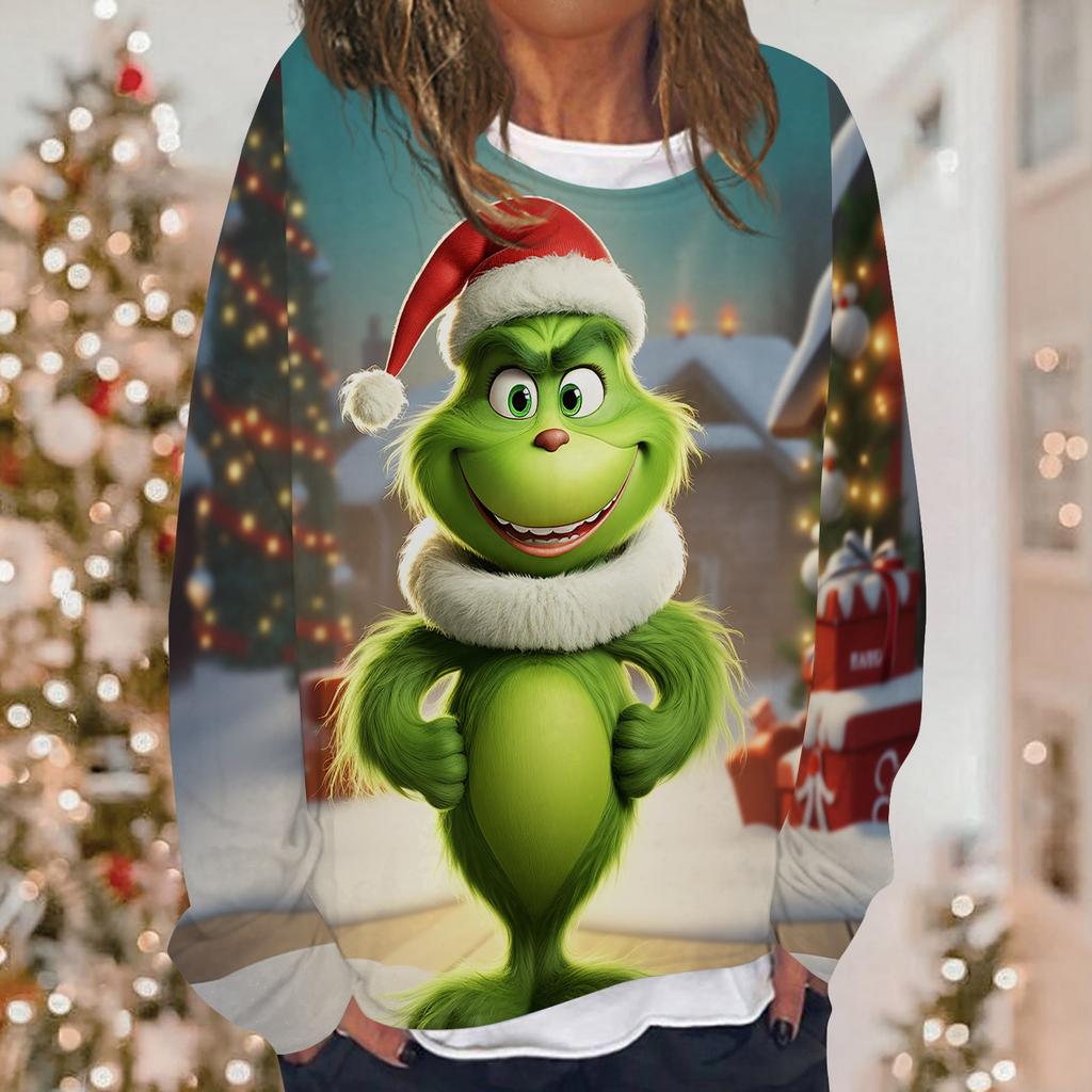 Женская повседневная модная толстовка с длинным рукавом и круглым вырезом с рождественским принтом, многослойный пуловер, топ