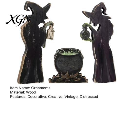 Decorative Witchy Silhouette Props 3Pcs Halloween Witch Cauldron Lantern Potion Bottle Table Decorations, Rustic Wooden Vintage Distressed Holiday