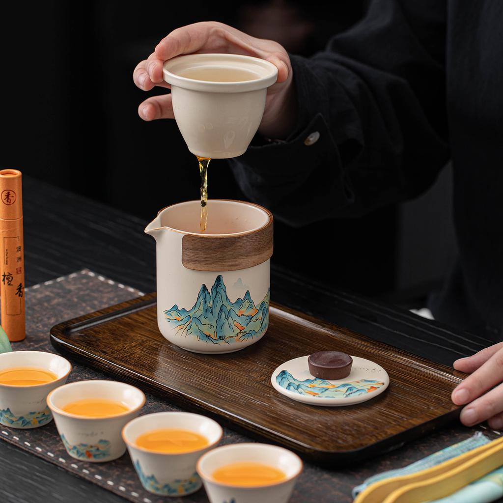 Chinese-style Thousand Miles Jiangshan Travel Tea Set Ceramic Kuaike Cup Outdoor Portable Tea Pot Landscape Painting Gift Box