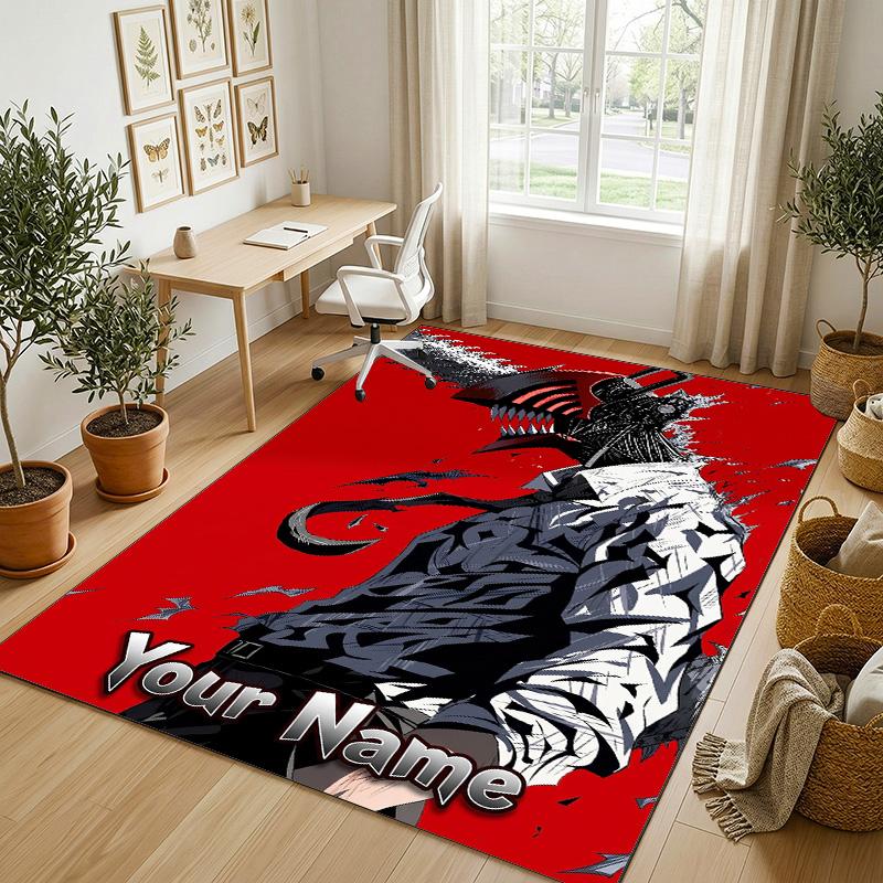 Personalized Crystal Velvet Carpet,Chainsaw Man Custom Printed Name, Plush Area Rug For Home Indoor Decor