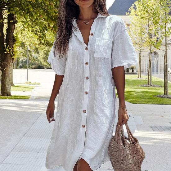 Women Shirt Lapel Short Sleeve Casual Commuter Style Shirt Solid Color Loose