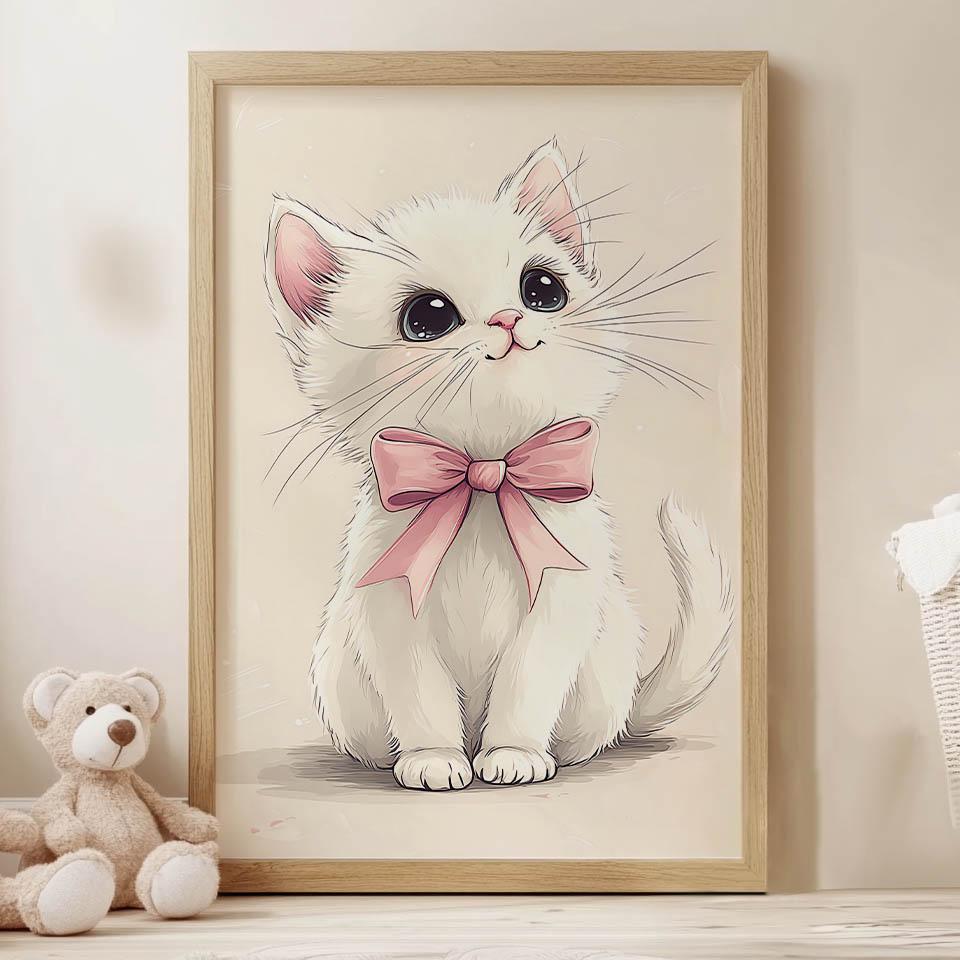 Plakat Urocza Kotek Z Różową Kokardką Plakat Urocza Kotek Z Różową Kokardką, 40X50 Cm, Rama Aluminiowa Złota, Papier Matowy 230 Gsm